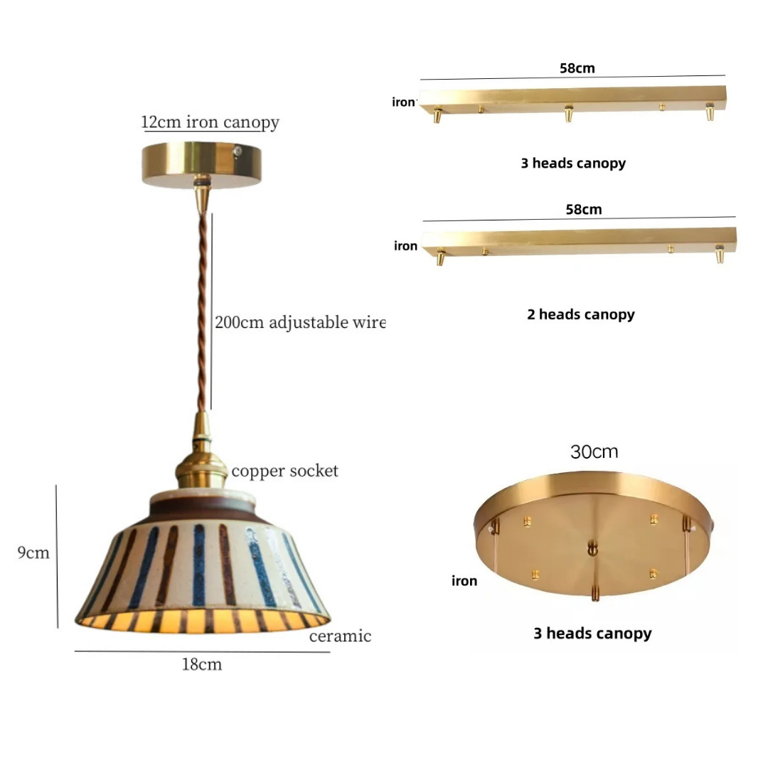 Vintage Striped Ceramic Pendant Light: Handpainted Elegance specifications and dimensions