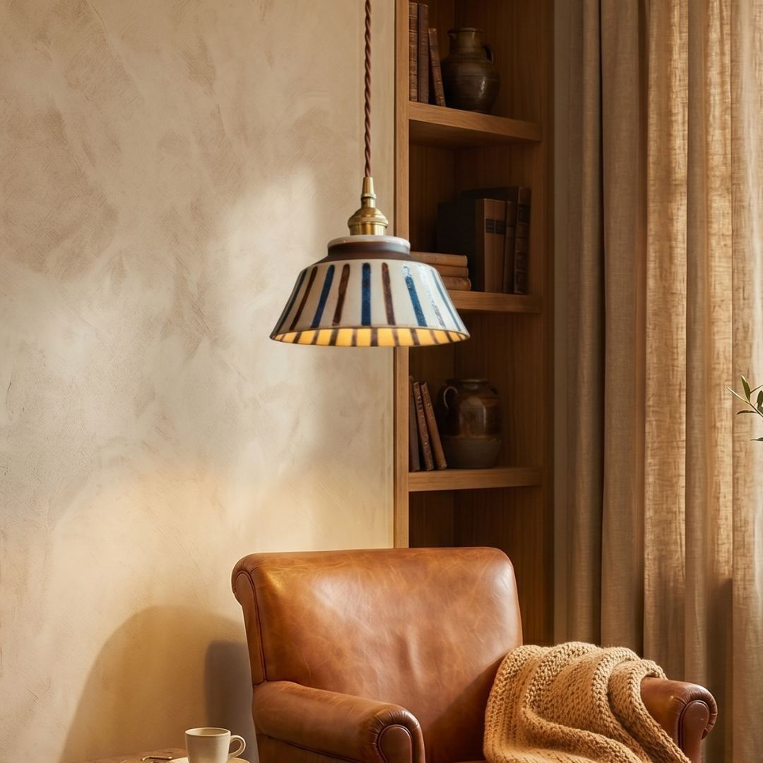 Vintage Striped Ceramic Pendant Light: Handpainted Elegance main