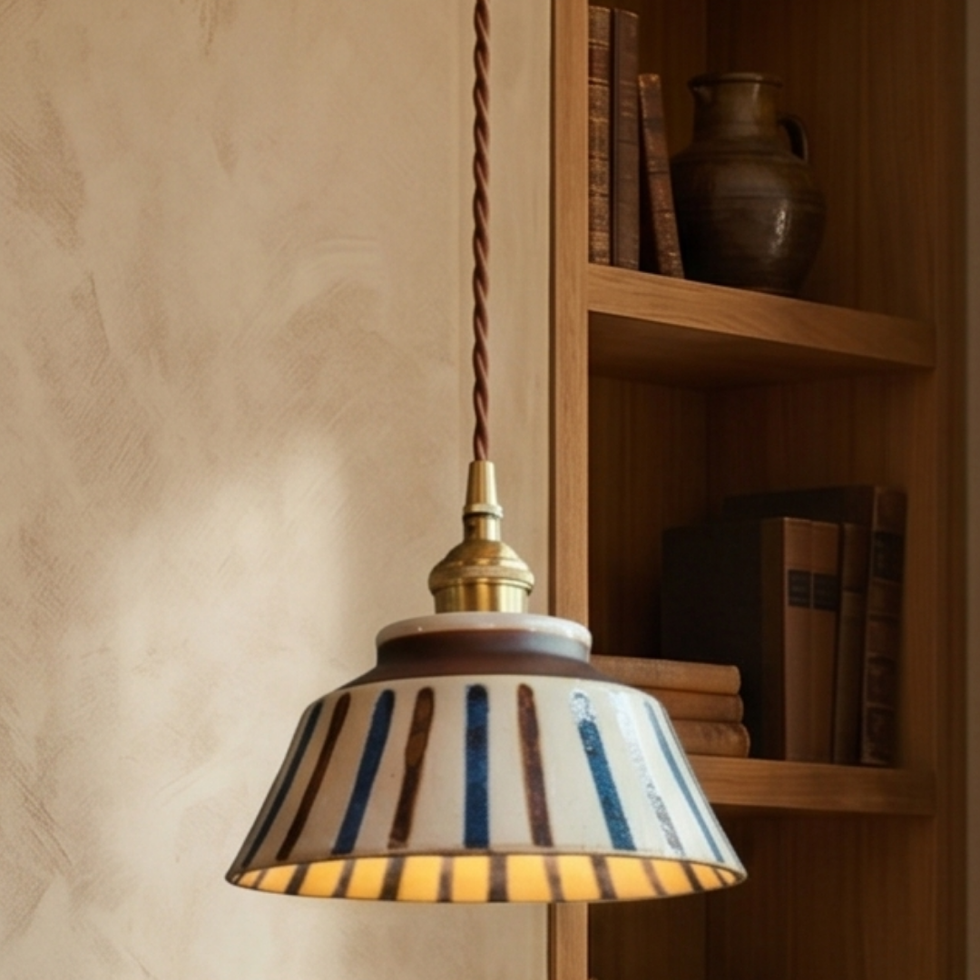 Vintage Striped Ceramic Pendant Light: Handpainted Elegance