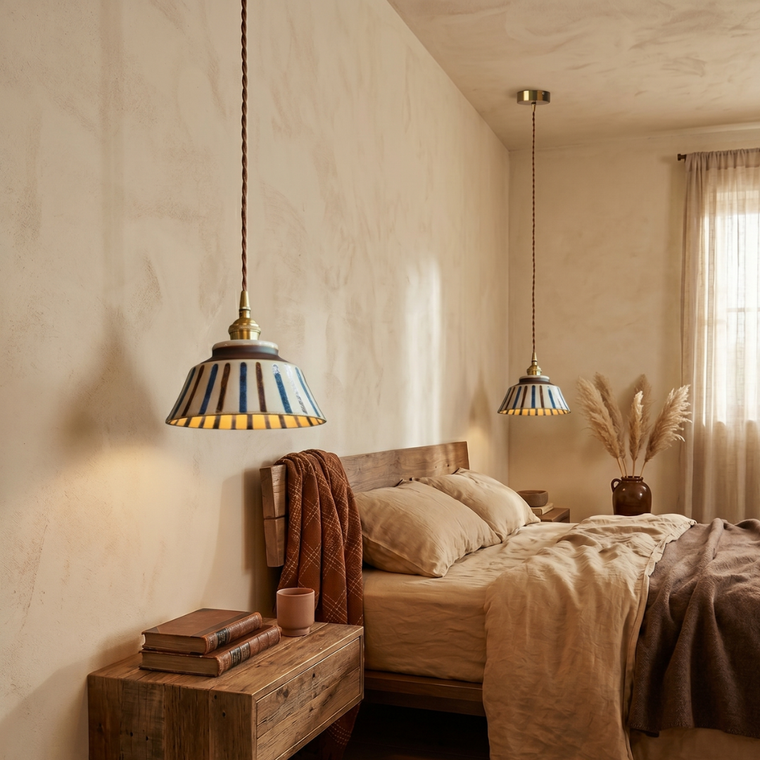 Vintage Striped Ceramic Pendant Light: Handpainted Elegance detail b