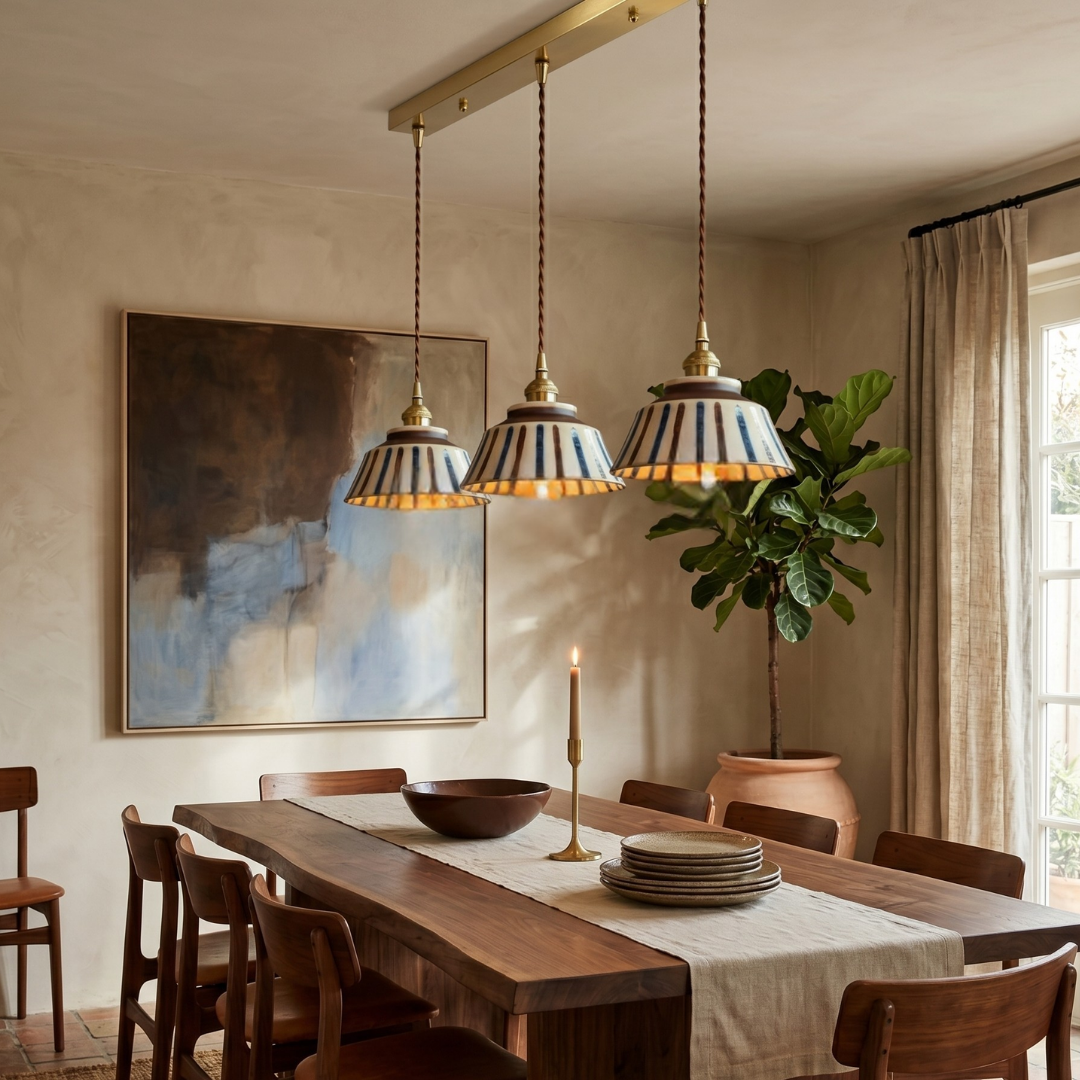 Vintage Striped Ceramic Pendant Light: Handpainted Elegance lifestyle
