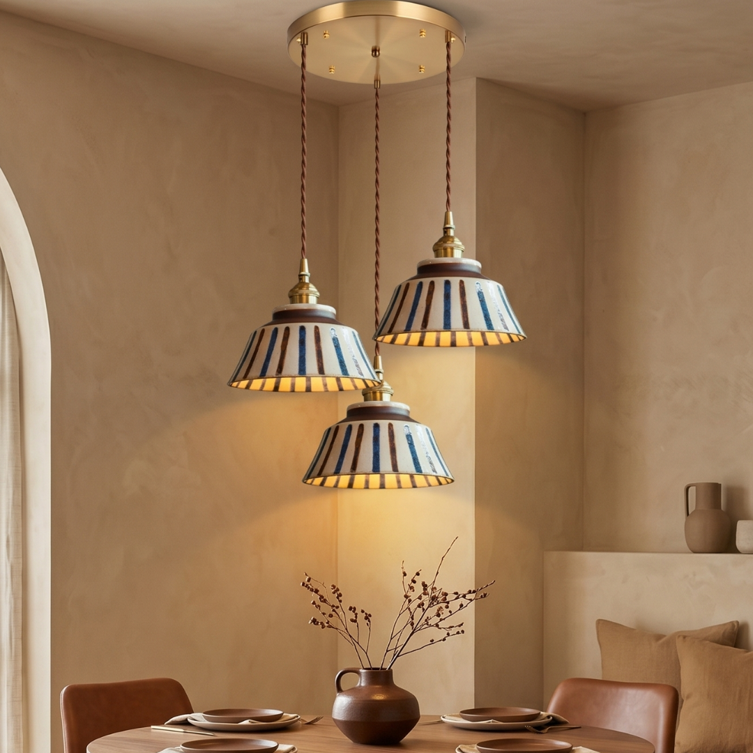 Vintage Striped Ceramic Pendant Light: Handpainted Elegance detail c