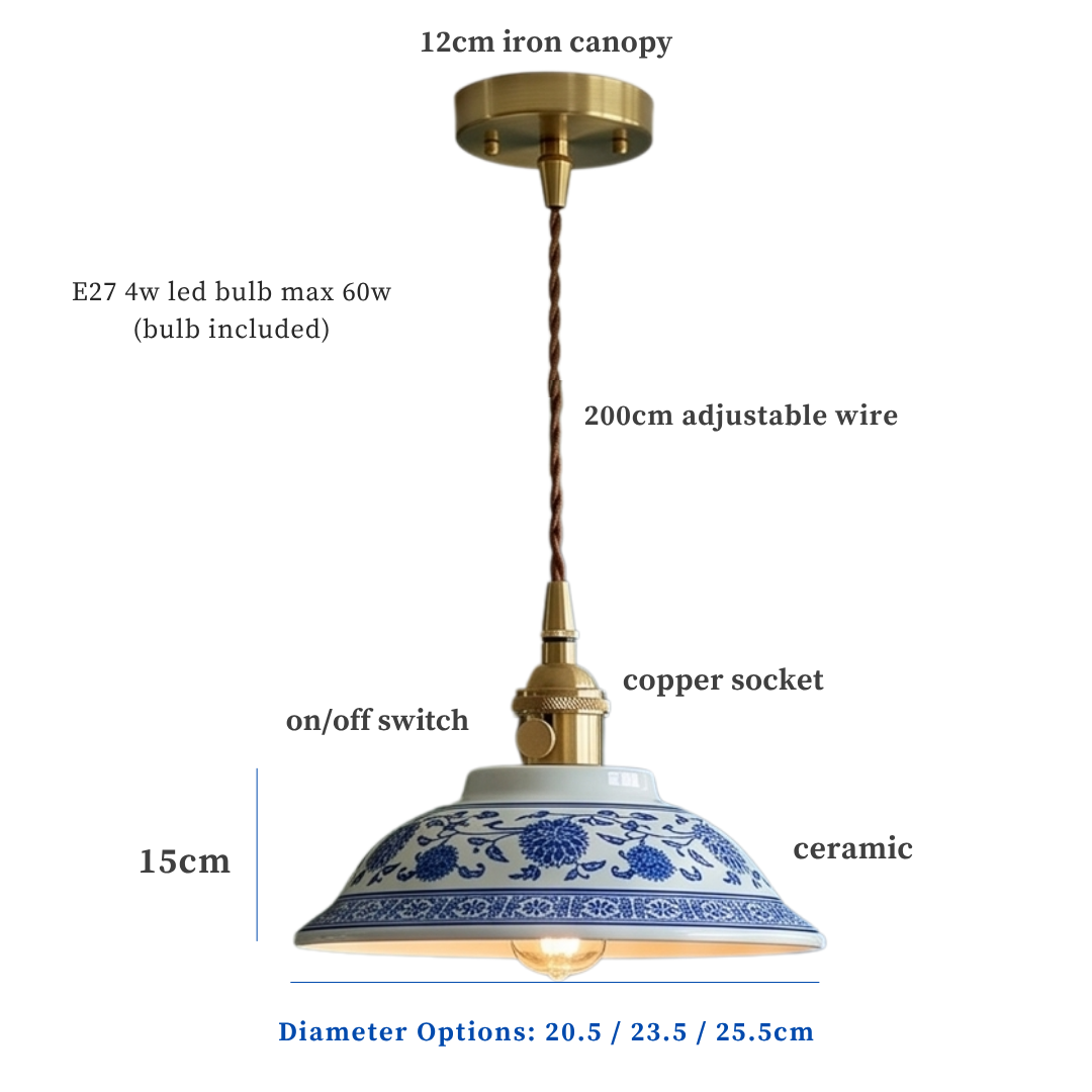 Blue Floral Ceramic Light Pendant specifications and dimensions