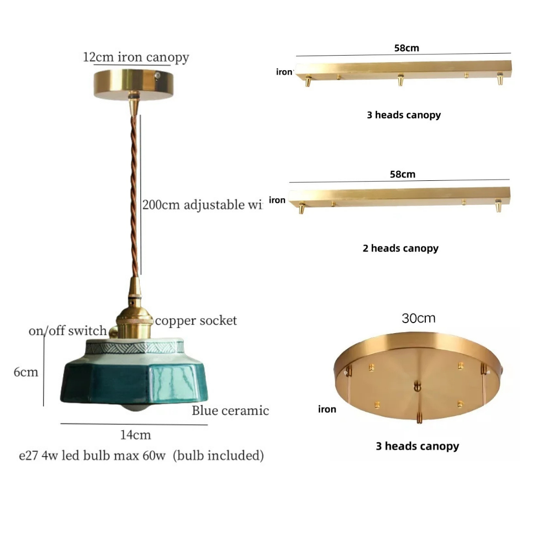 Vintage Teal Ceramic Ceiling Light: Artisanal Elegance specifications and dimensions