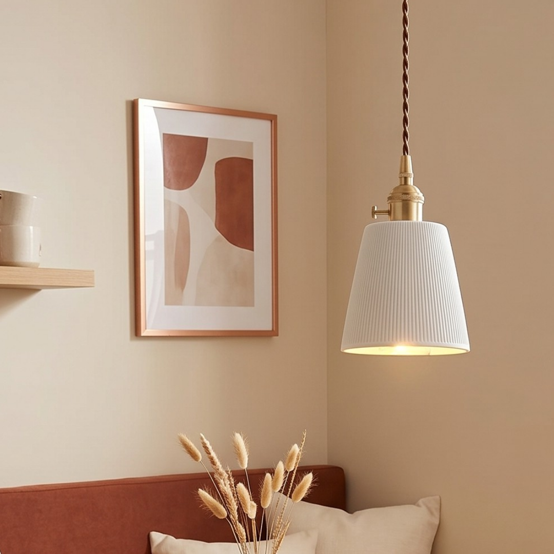 Aria Ribbed White Ceramic Pendant Light: Sculptural Illumination