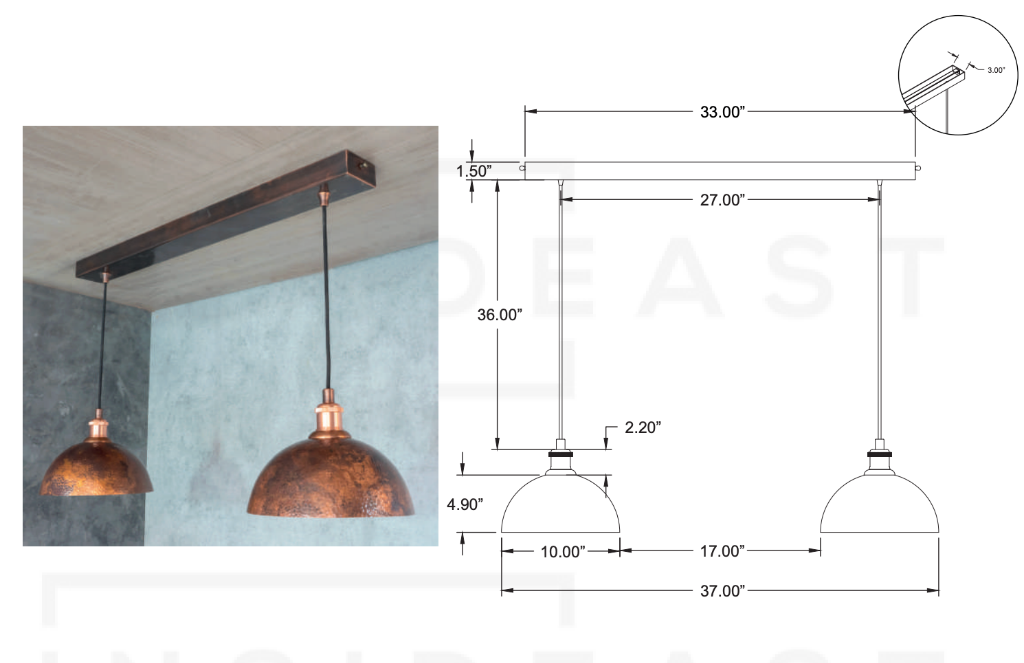 Spacing guide for brass pendant lights over a kitchen island