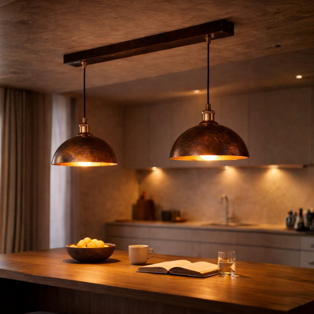 Luxury brass island lighting in a modern kitchen with marble countertops